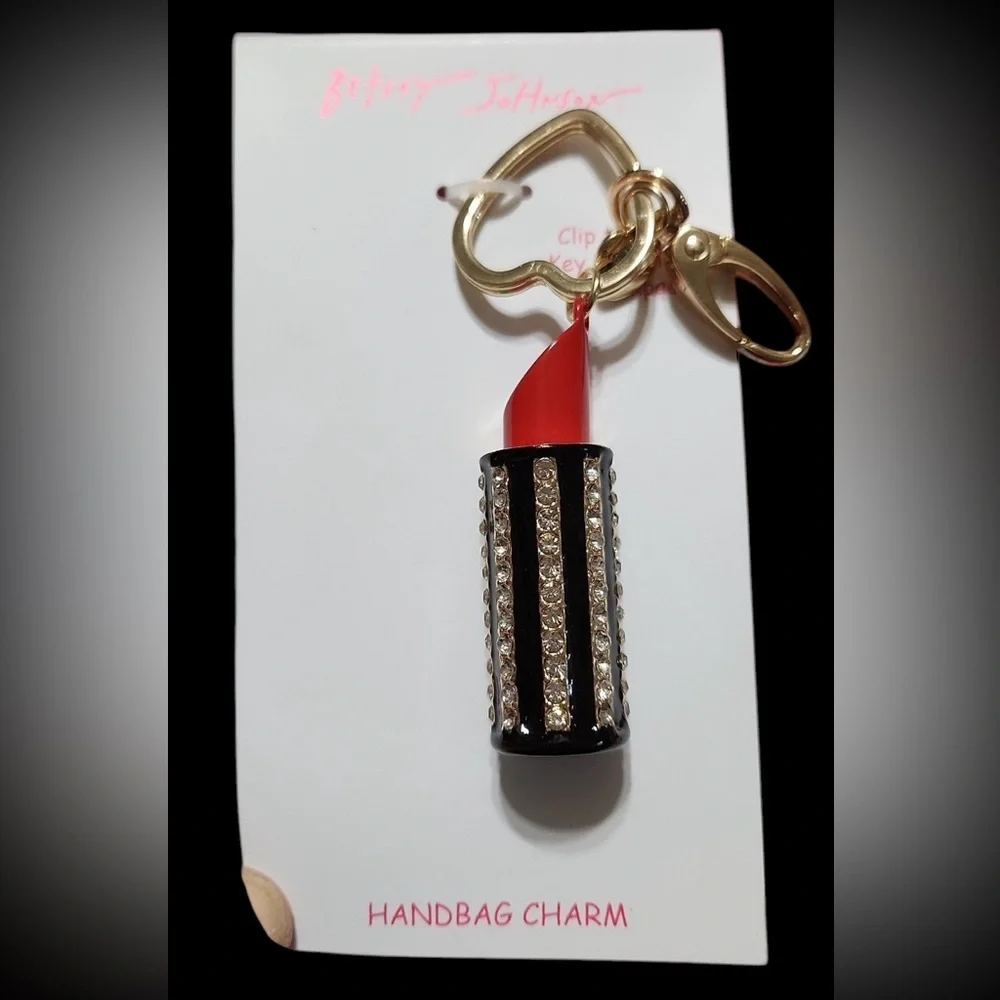 BETSEY JOHNSON Fire Engine Red Lipstick Crystal-Studded Bag Charm Keychain NWT